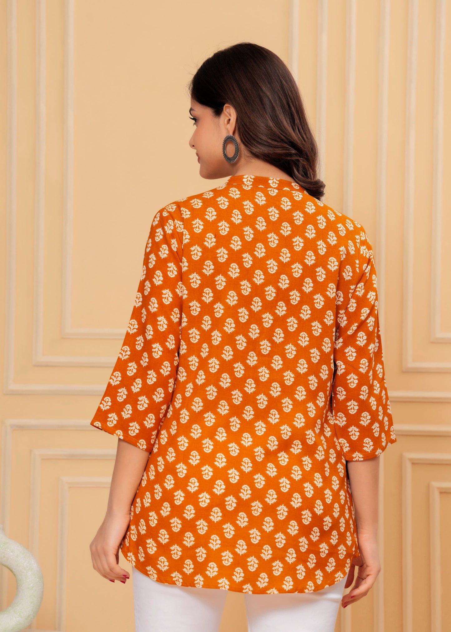 MANITRA Orange Floral Printed Short Style Kurti Women's Block Print Tunic Top