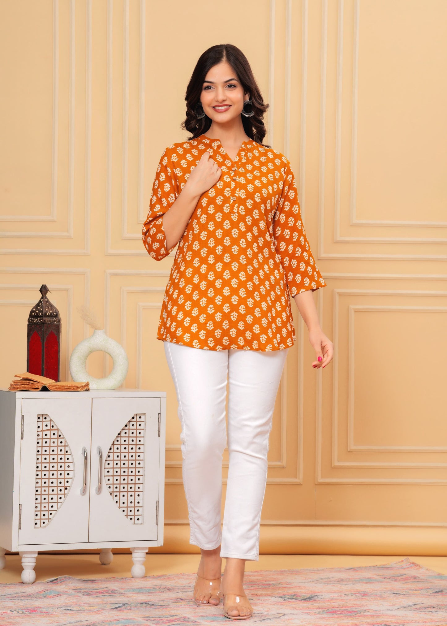 MANITRA Orange Floral Printed Short Style Kurti Women's Block Print Tunic Top