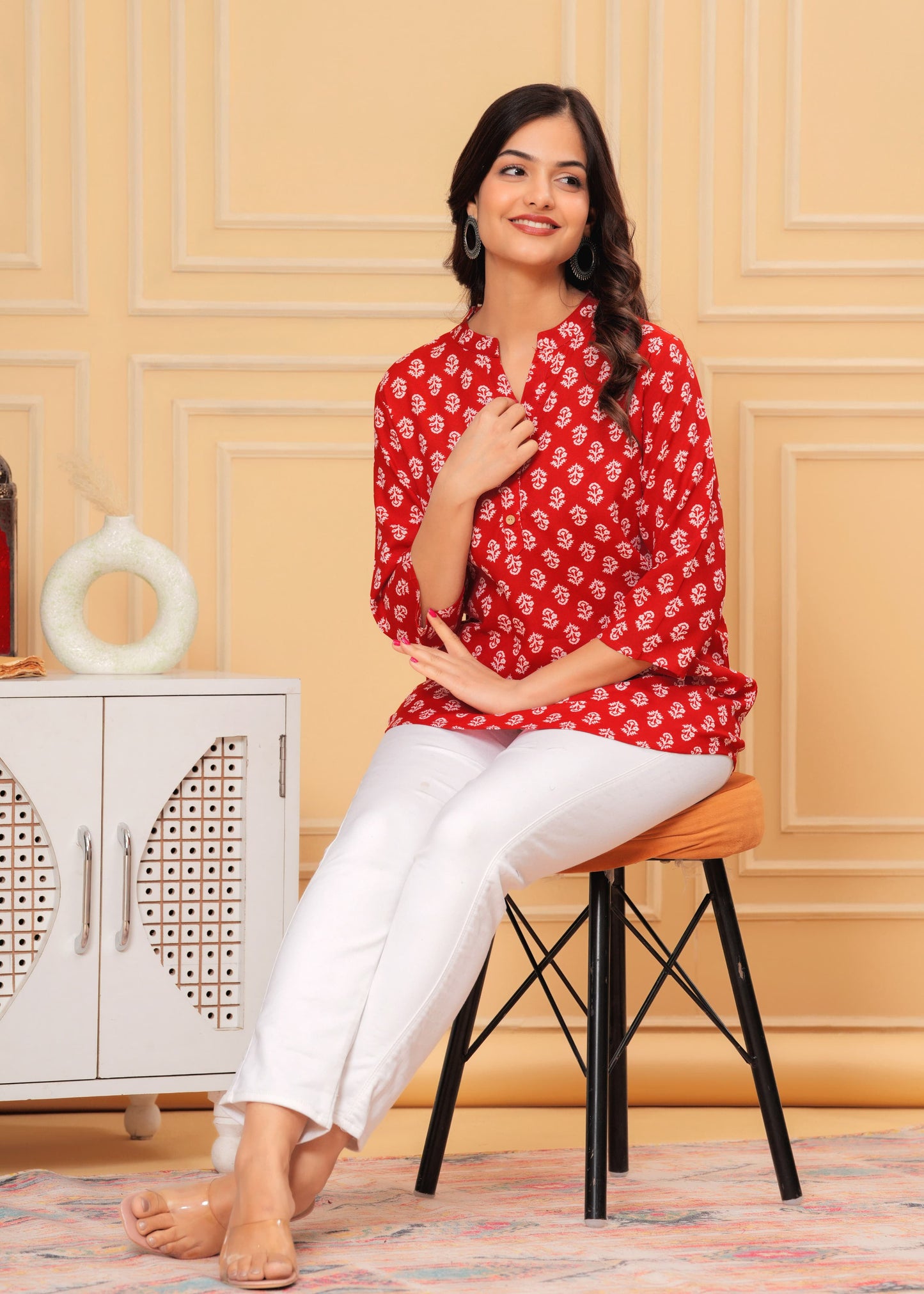 MANITRA Red Floral Printed Short Style Kurti Women's Block Print Tunic Top