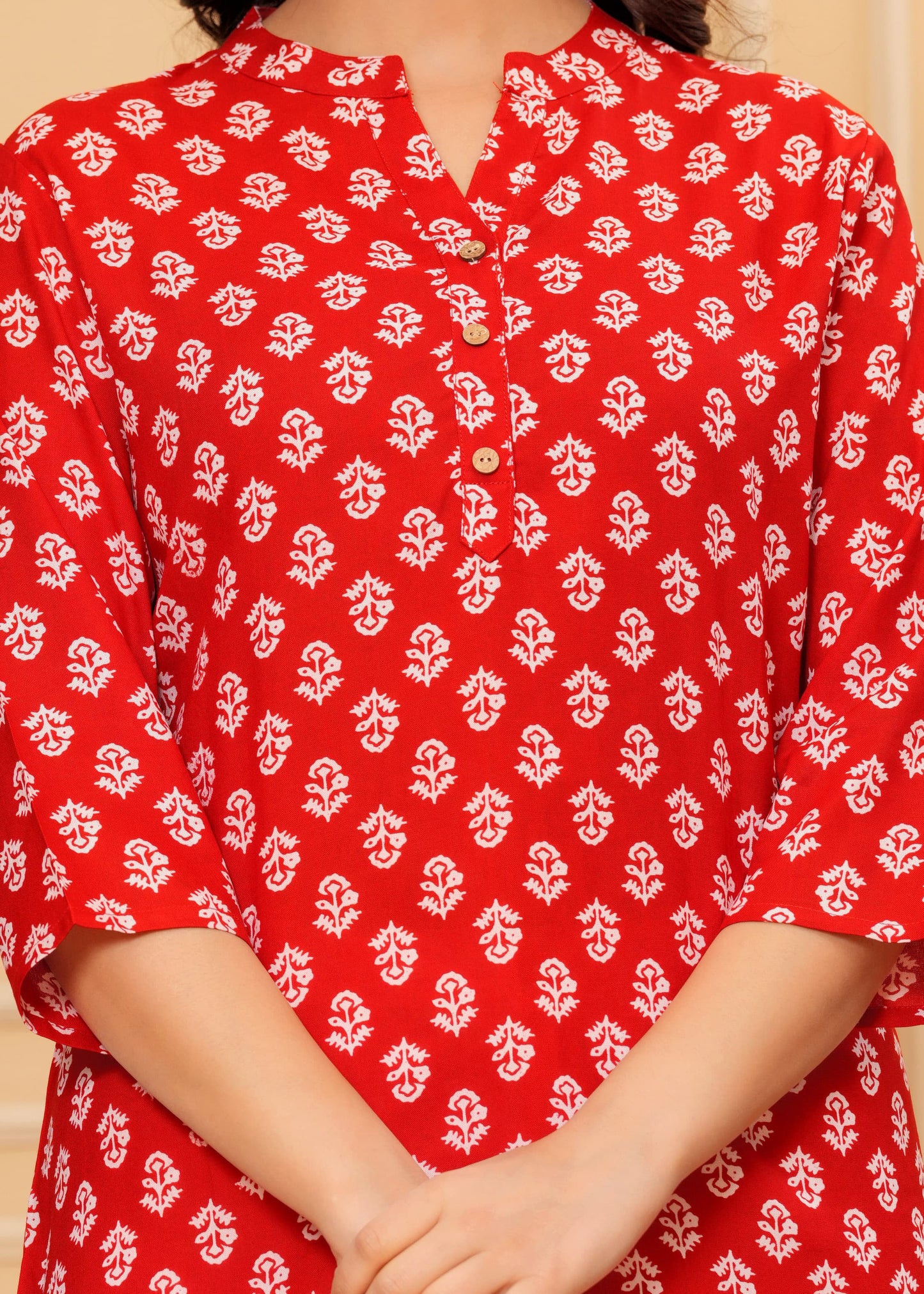 MANITRA Red Floral Printed Short Style Kurti Women's Block Print Tunic Top