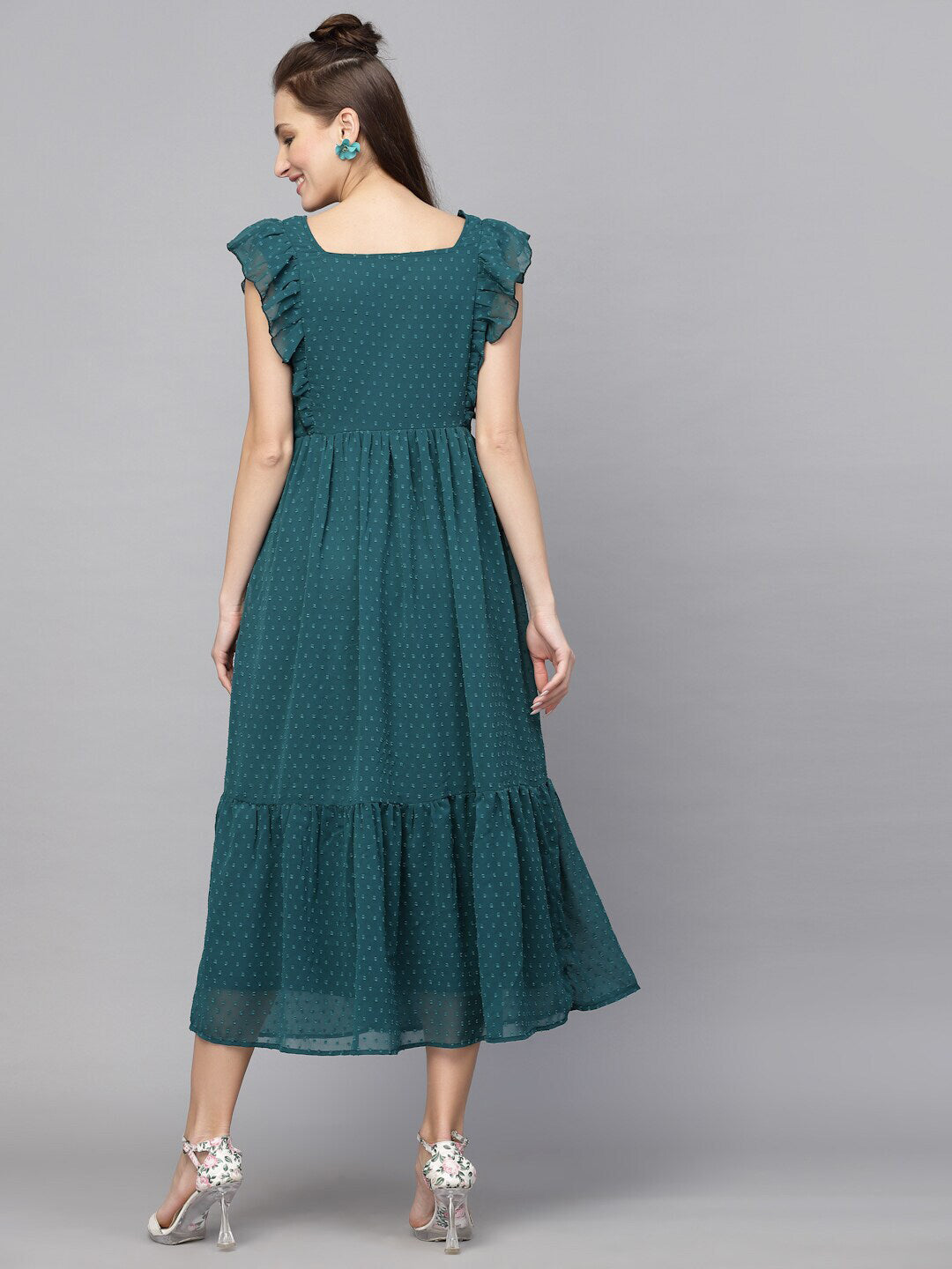 Georgette Butti Square Neck Stylish Knee Length Western Dresses for Women (Green)
