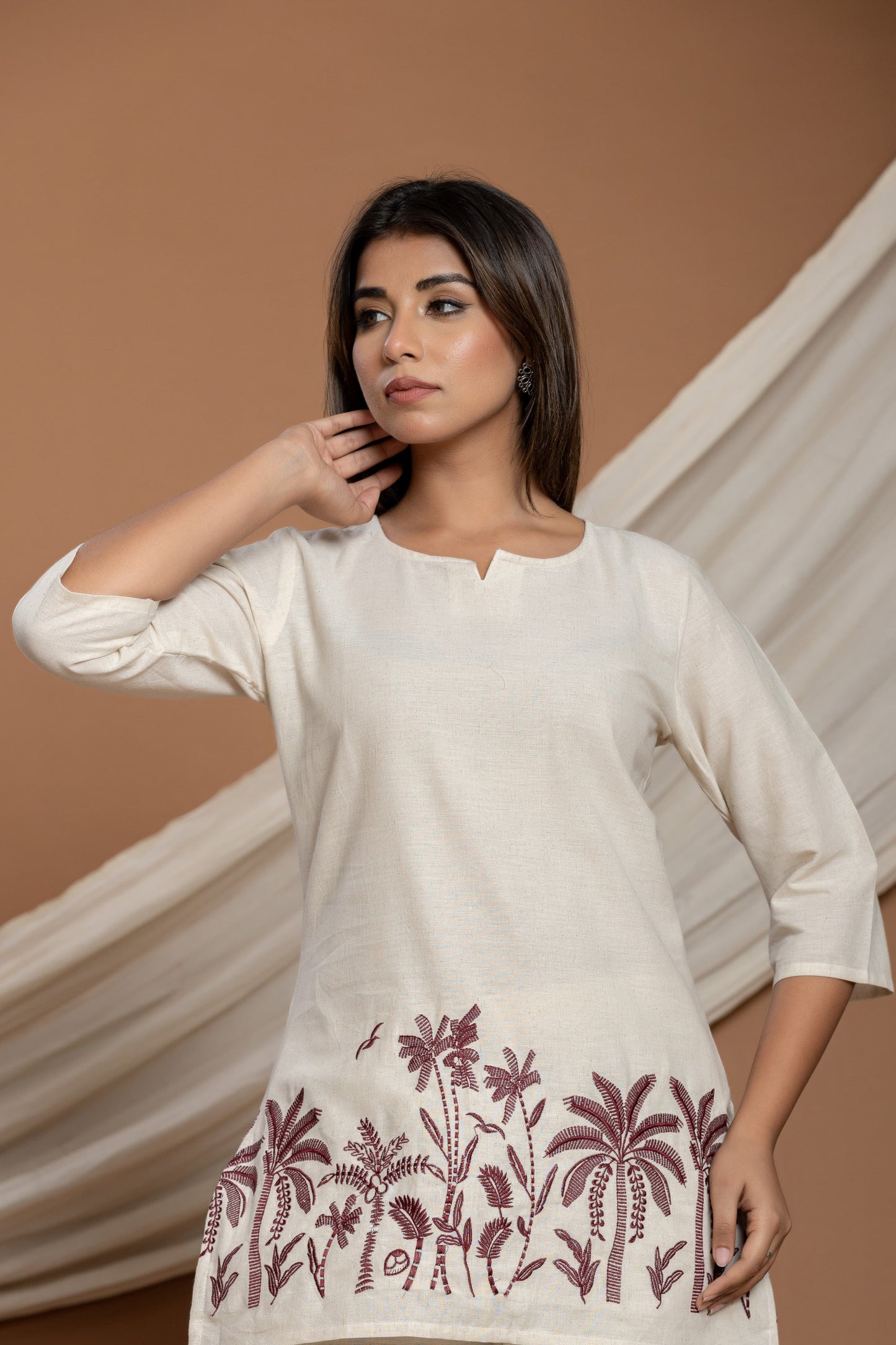 Ivory Beige Hand Embroidered Cotton Co-Ord Set with Maroon Palm Motifs – Manitra