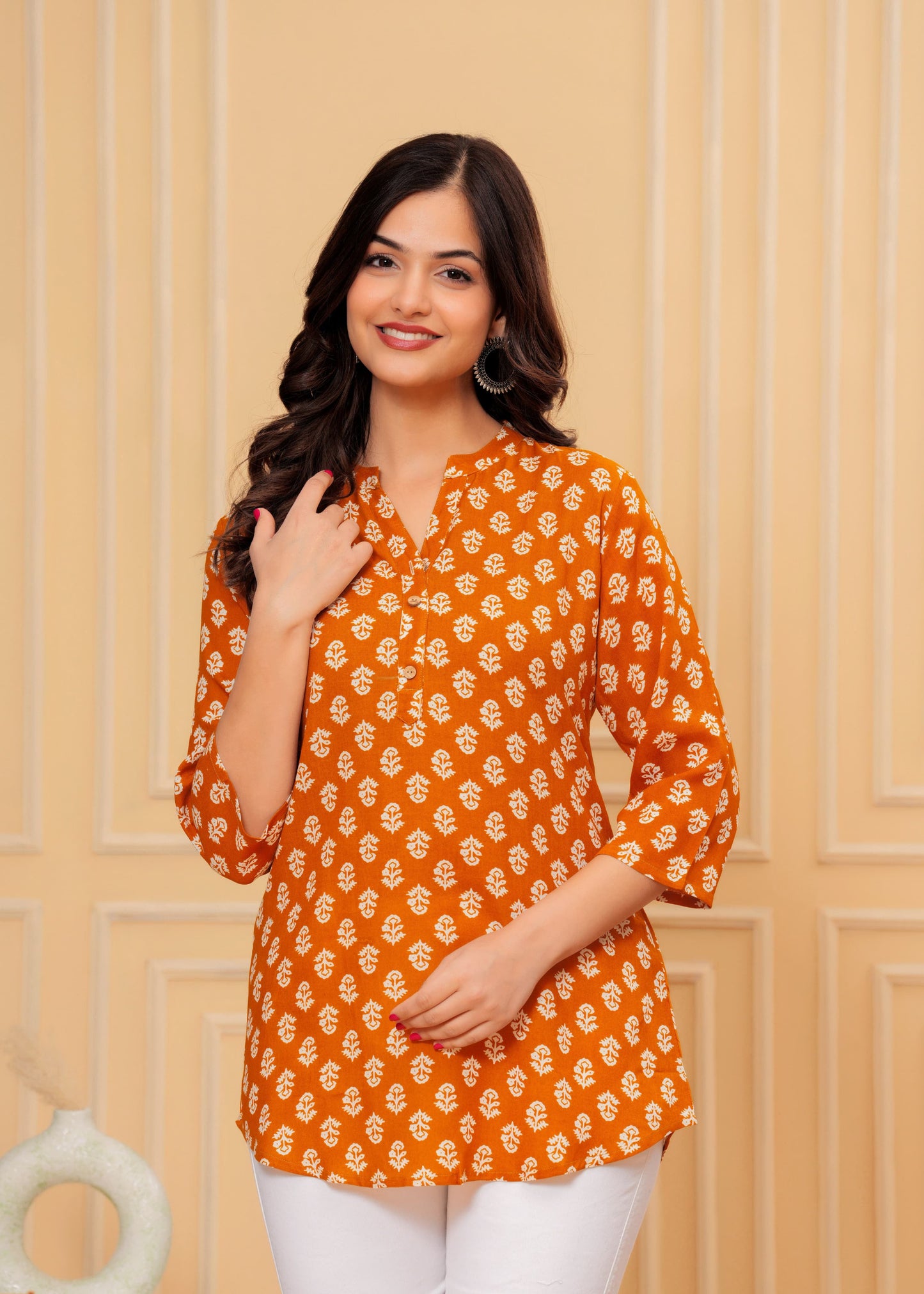 MANITRA Orange Floral Printed Short Style Kurti Women's Block Print Tunic Top