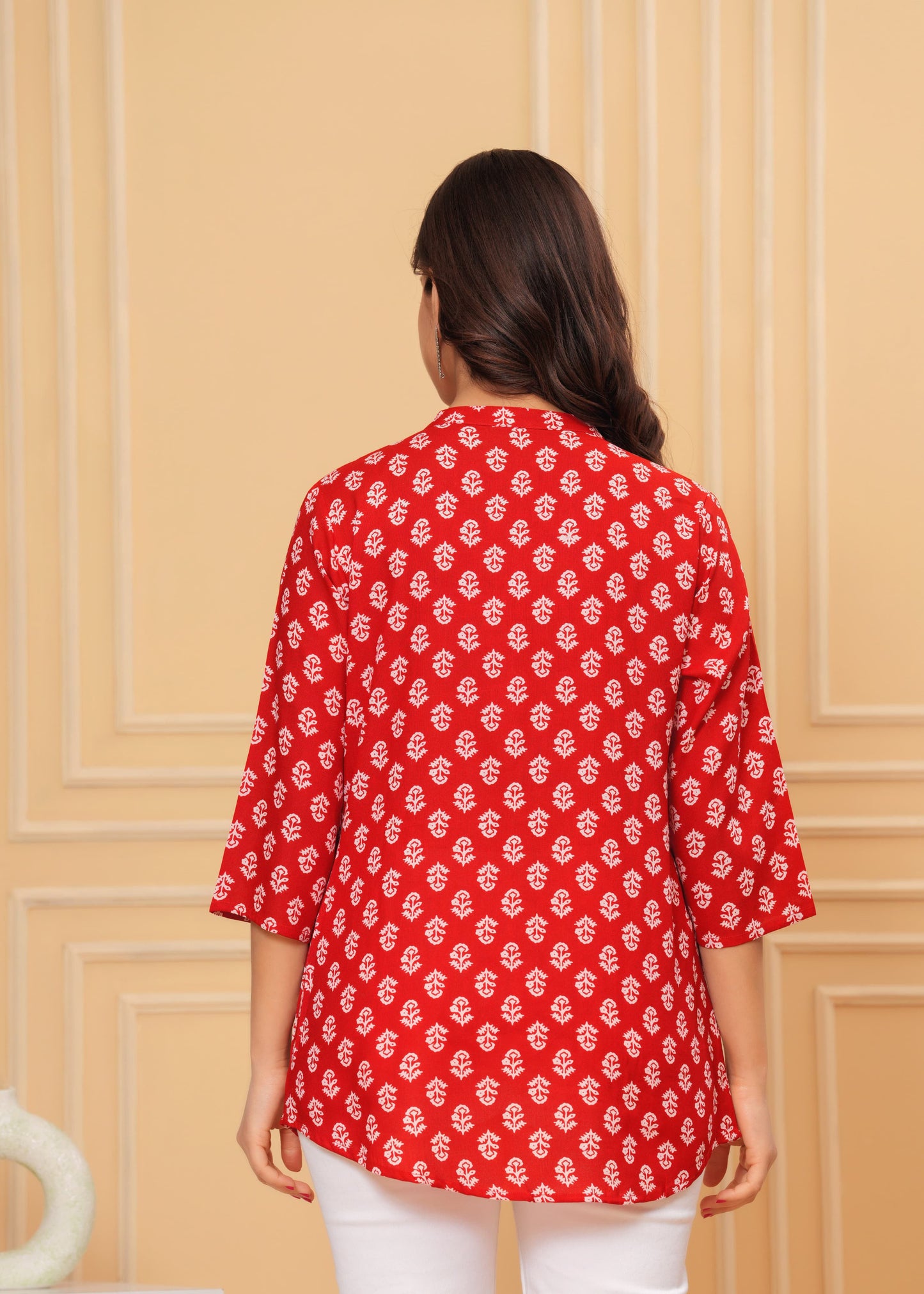 MANITRA Red Floral Printed Short Style Kurti Women's Block Print Tunic Top