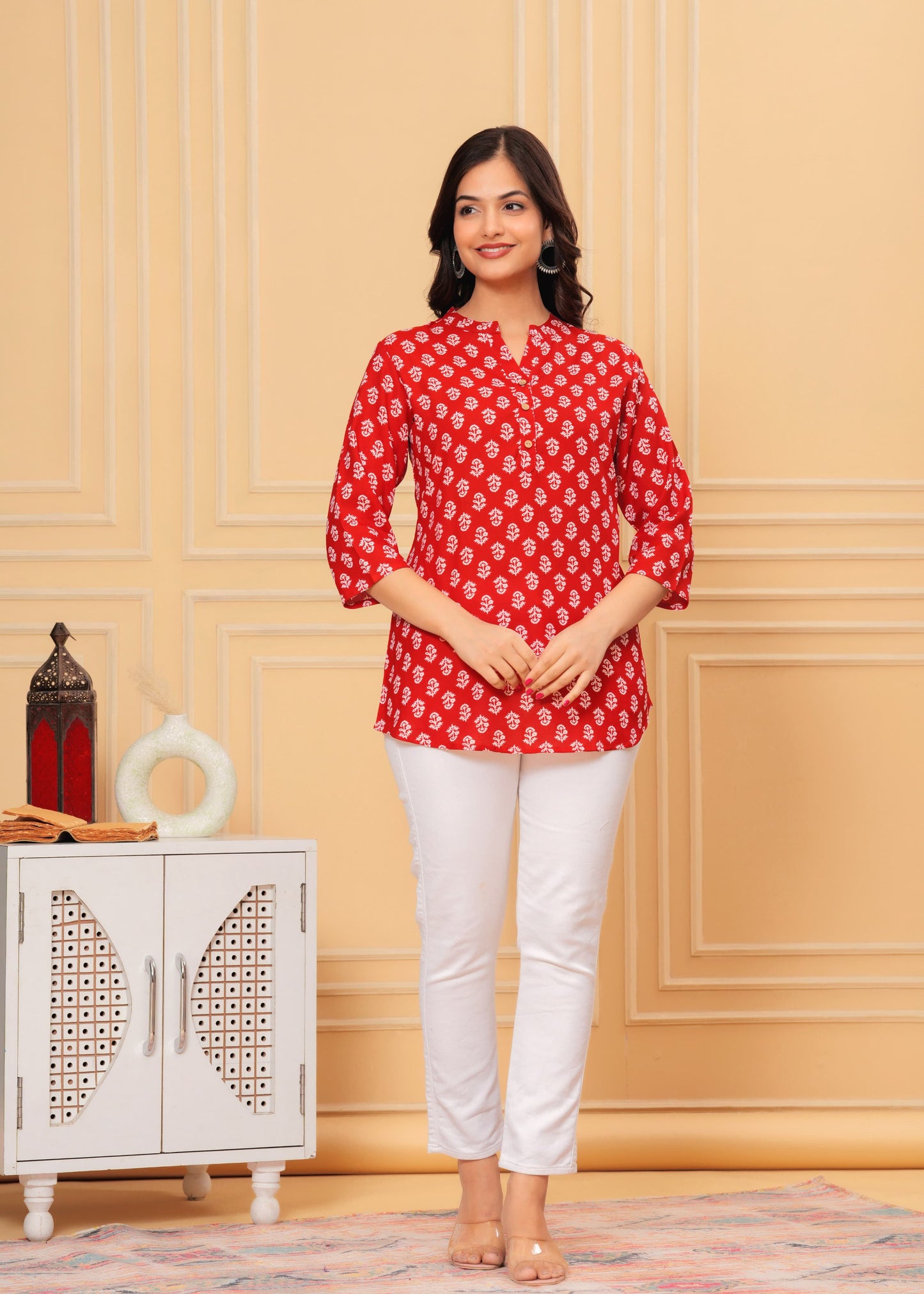 MANITRA Red Floral Printed Short Style Kurti Women's Block Print Tunic Top
