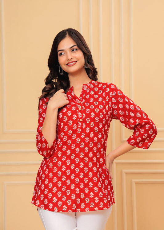 MANITRA Red Floral Printed Short Style Kurti Women's Block Print Tunic Top