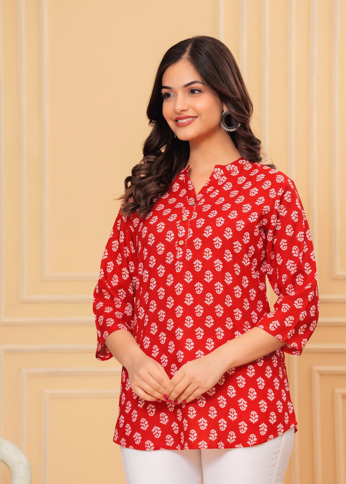 MANITRA Red Floral Printed Short Style Kurti Women's Block Print Tunic Top