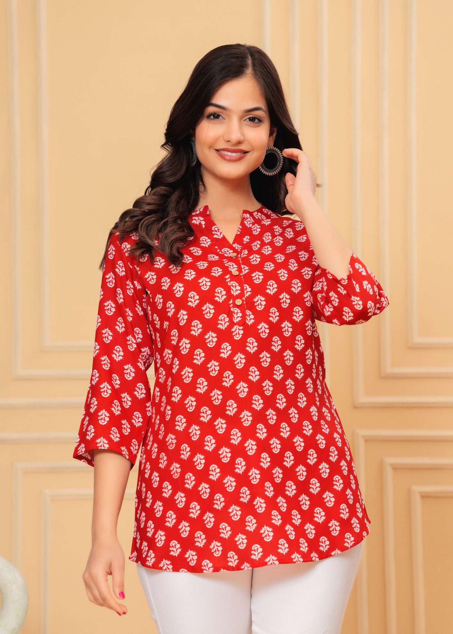 MANITRA Red Floral Printed Short Style Kurti Women's Block Print Tunic Top