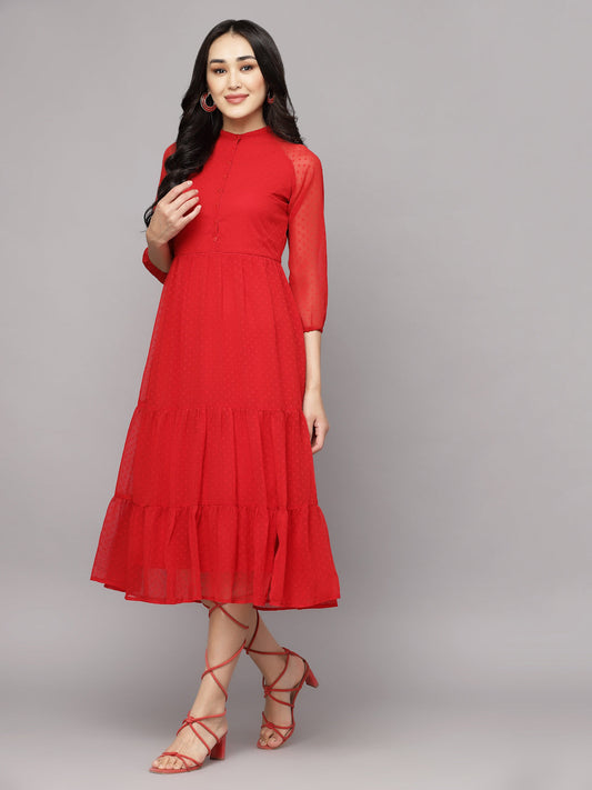 Elevate Your Style with MANITRA's Chic Fit and Flare White Dress (Red)