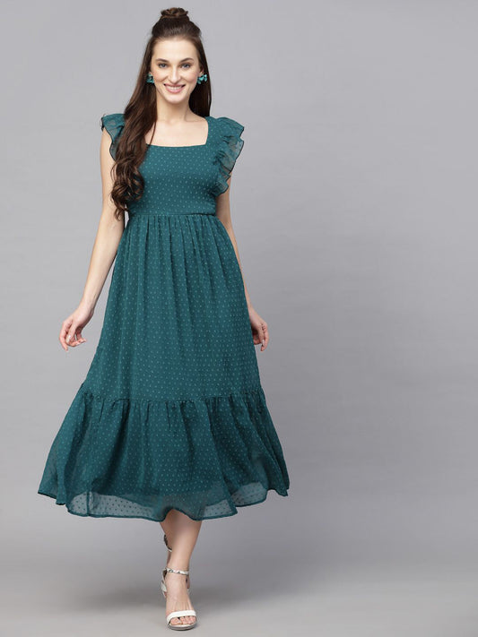 Georgette Butti Square Neck Stylish Knee Length Western Dresses for Women (Green)