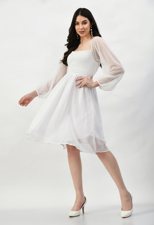 Knee Length CUNSAYI BUTA Dress, Casual WEAR, Fancy Gorgeous Looking Dress (White)